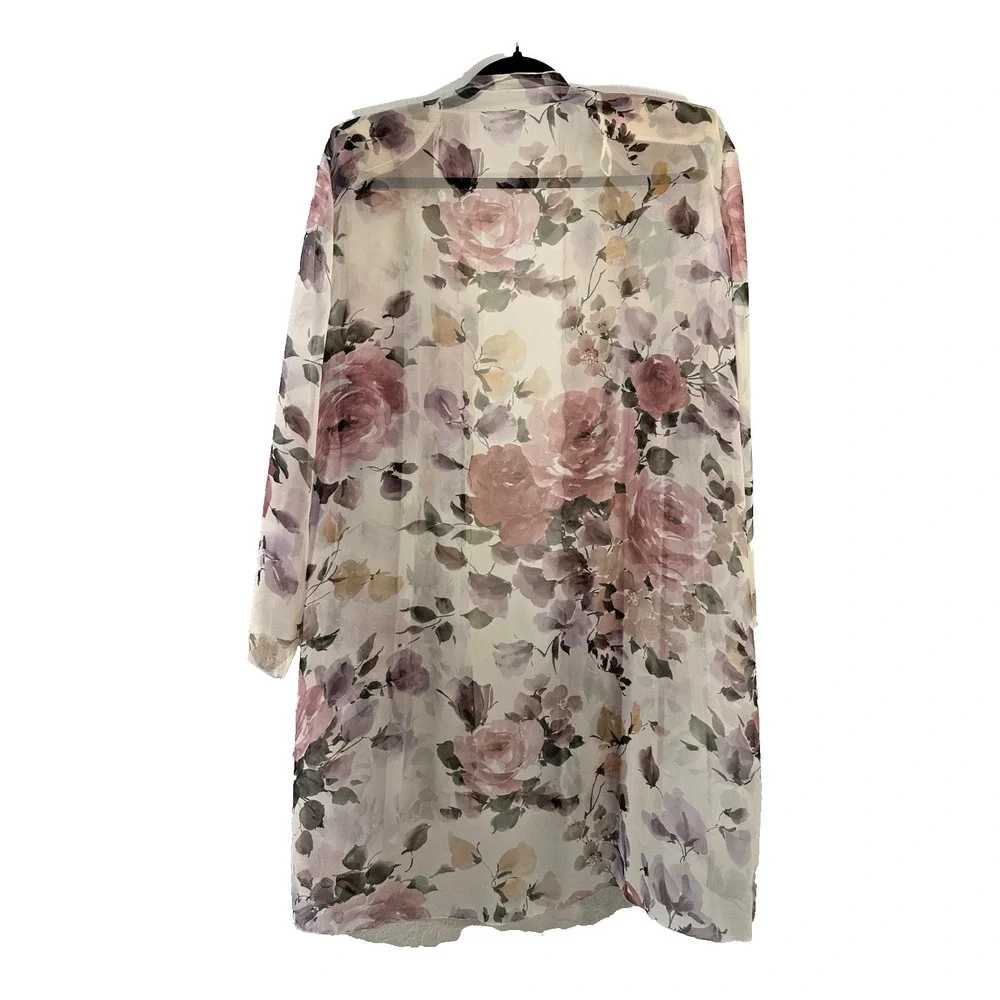 VTG Womans Floral Duster Cardigan‎ Size 18 Cottage Rosette Garden Scalloped Trim